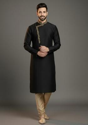 Black Embroidered Silk Kurta Set For Men