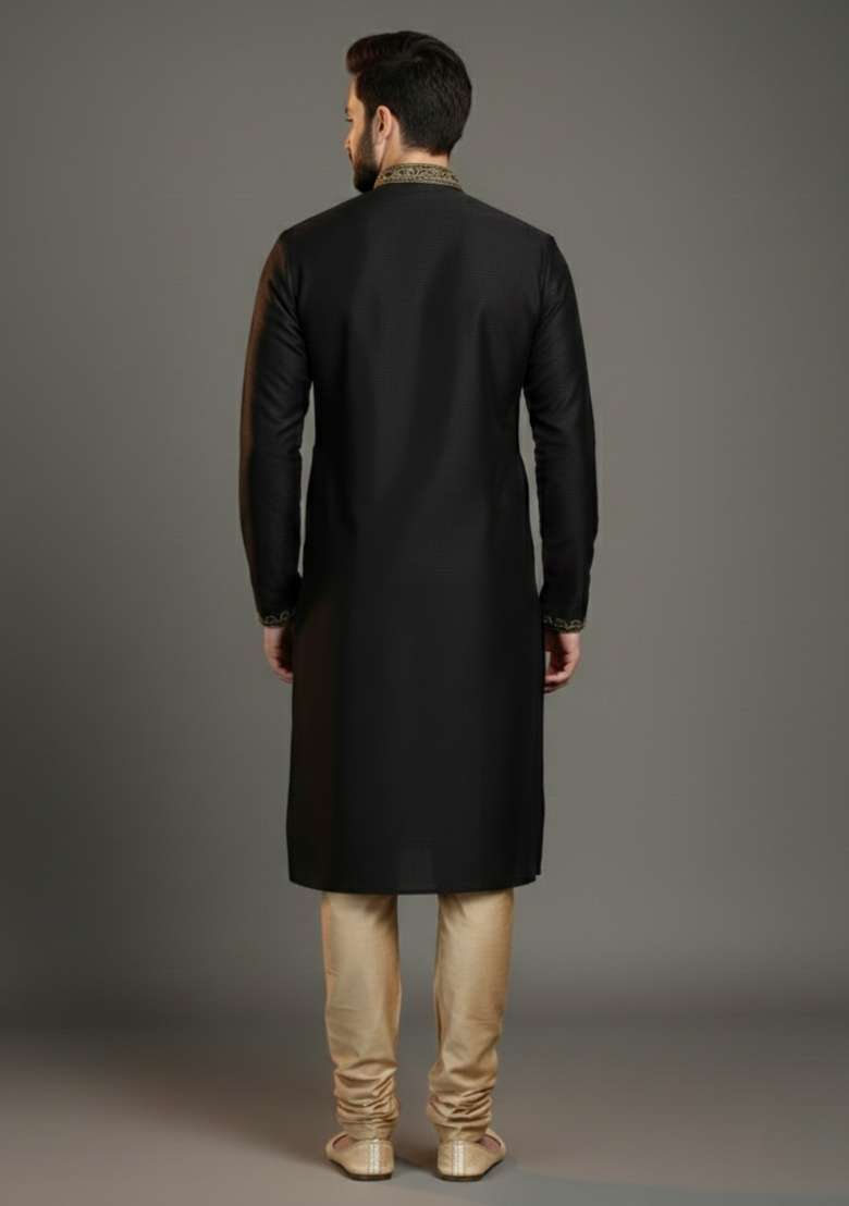 Black Embroidered Silk Blend Kurta Set For Men - Indya