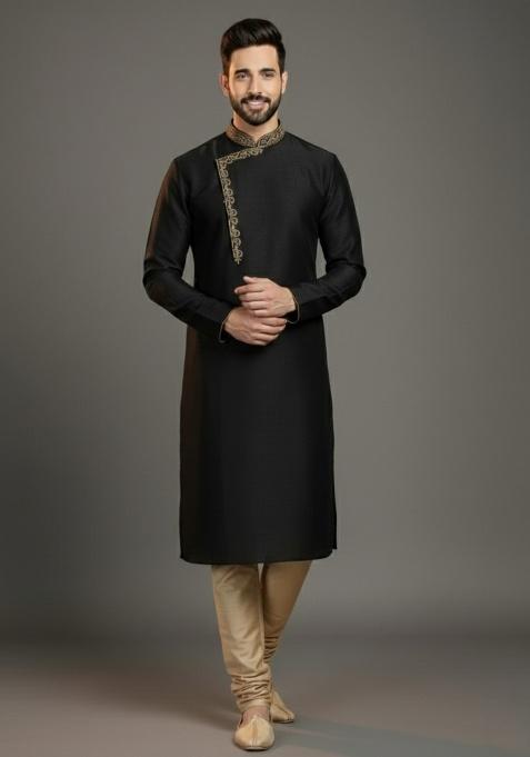 Black Embroidered Silk Kurta Set For Men