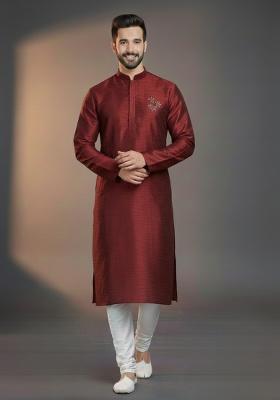 Maroon Embroidered Silk Kurta Set For Men