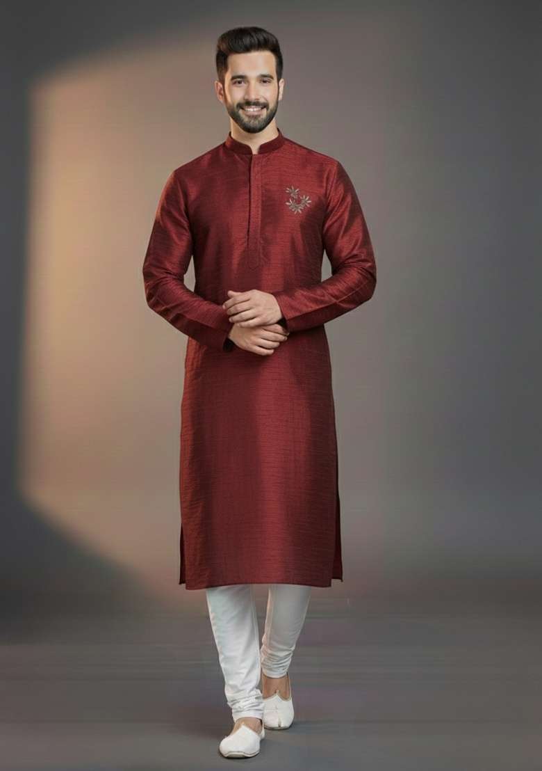 Maroon Embroidered Silk Blend Kurta Set For Men - Indya
