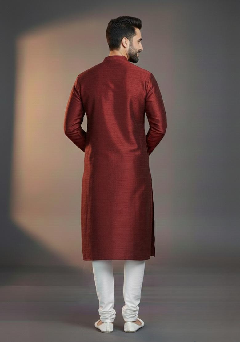 Maroon Embroidered Silk Kurta Set For Men - Indya