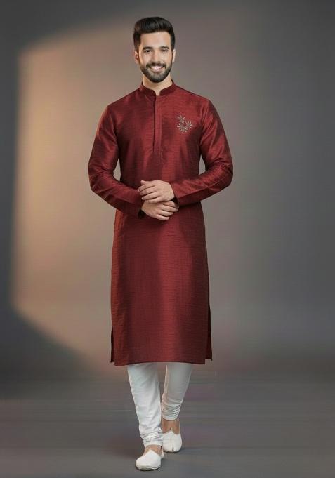Maroon Embroidered Silk Kurta Set For Men