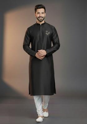 Black Embroidered Silk Kurta Set For Men