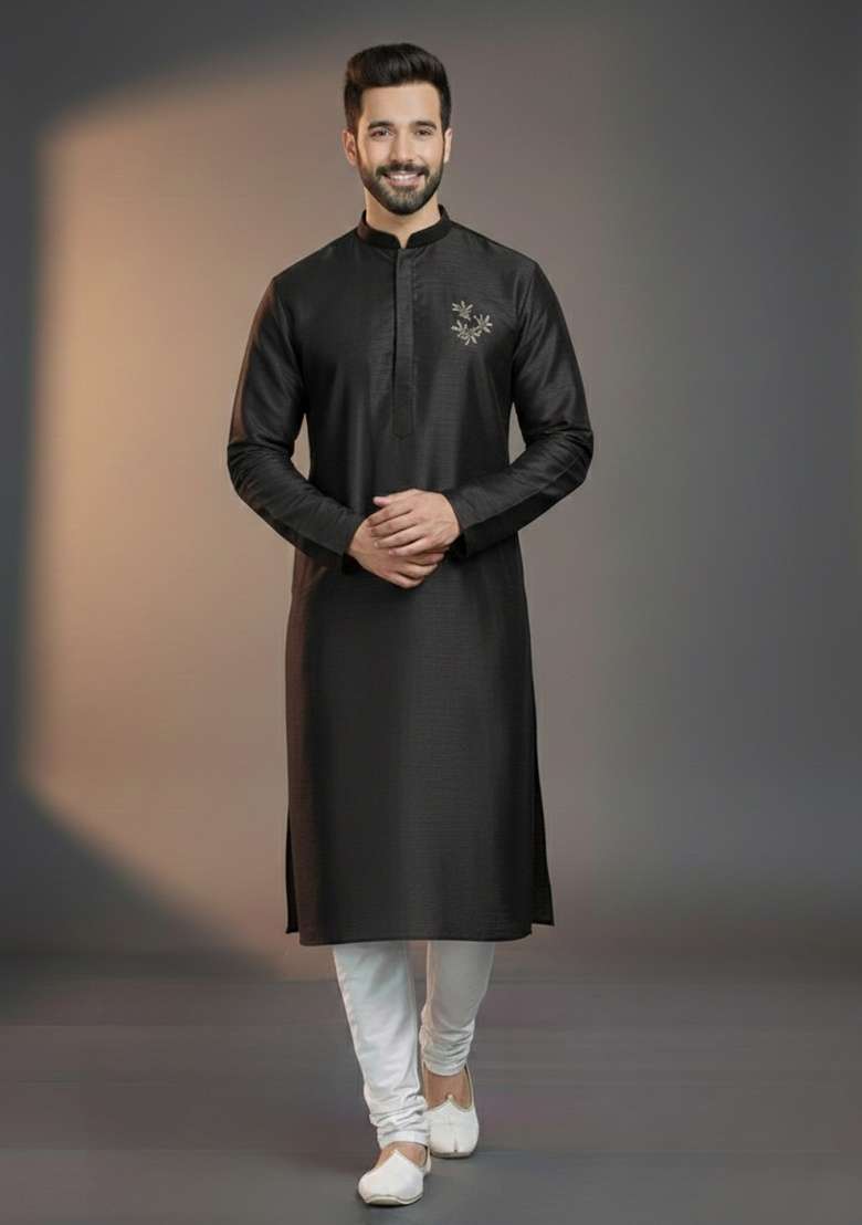 Black Embroidered Silk Blend Kurta Set For Men - Indya