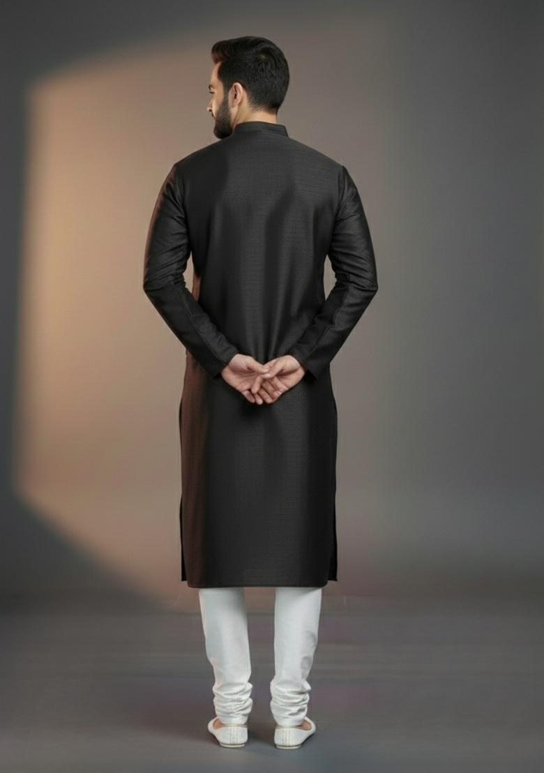 Black Embroidered Silk Kurta Set For Men - Indya