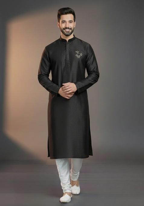 Black Embroidered Silk Kurta Set For Men