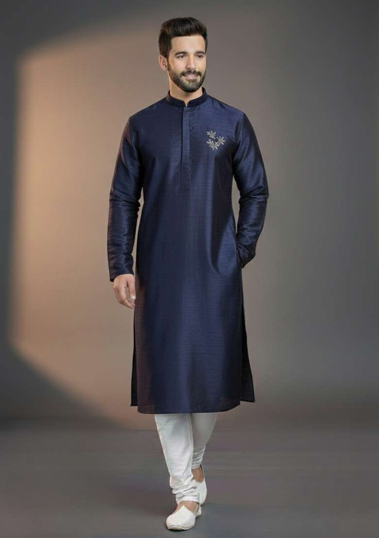 Navy Blue Embroidered Silk Blend Kurta Set For Men - Indya