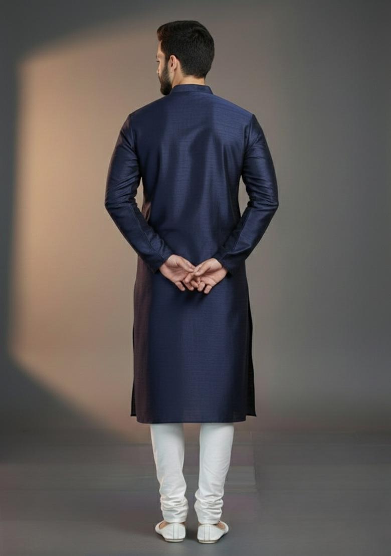 Navy Blue Embroidered Silk Kurta Set For Men - Indya
