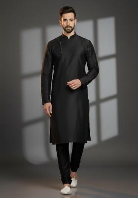 Black Embroidered Silk Kurta Set For Men