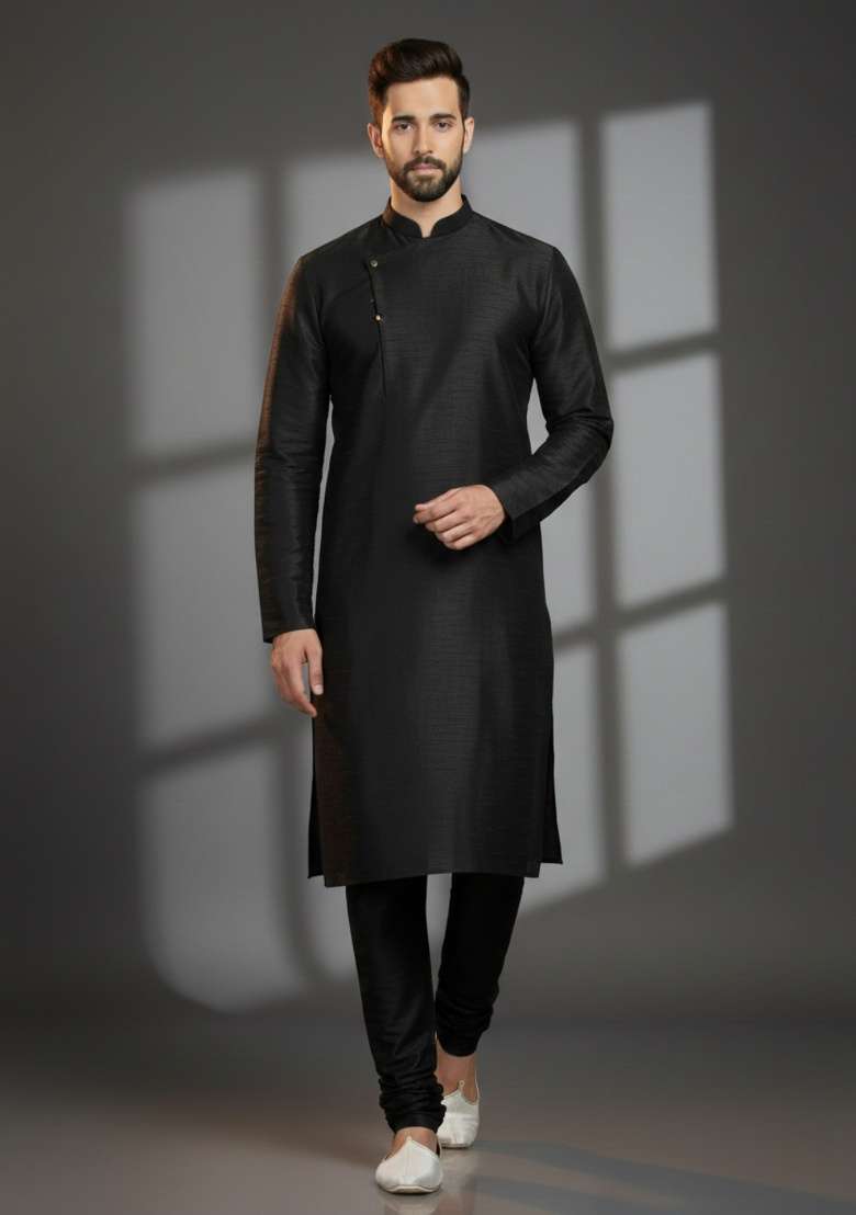 Black Embroidered Silk Blend Kurta Set For Men - Indya