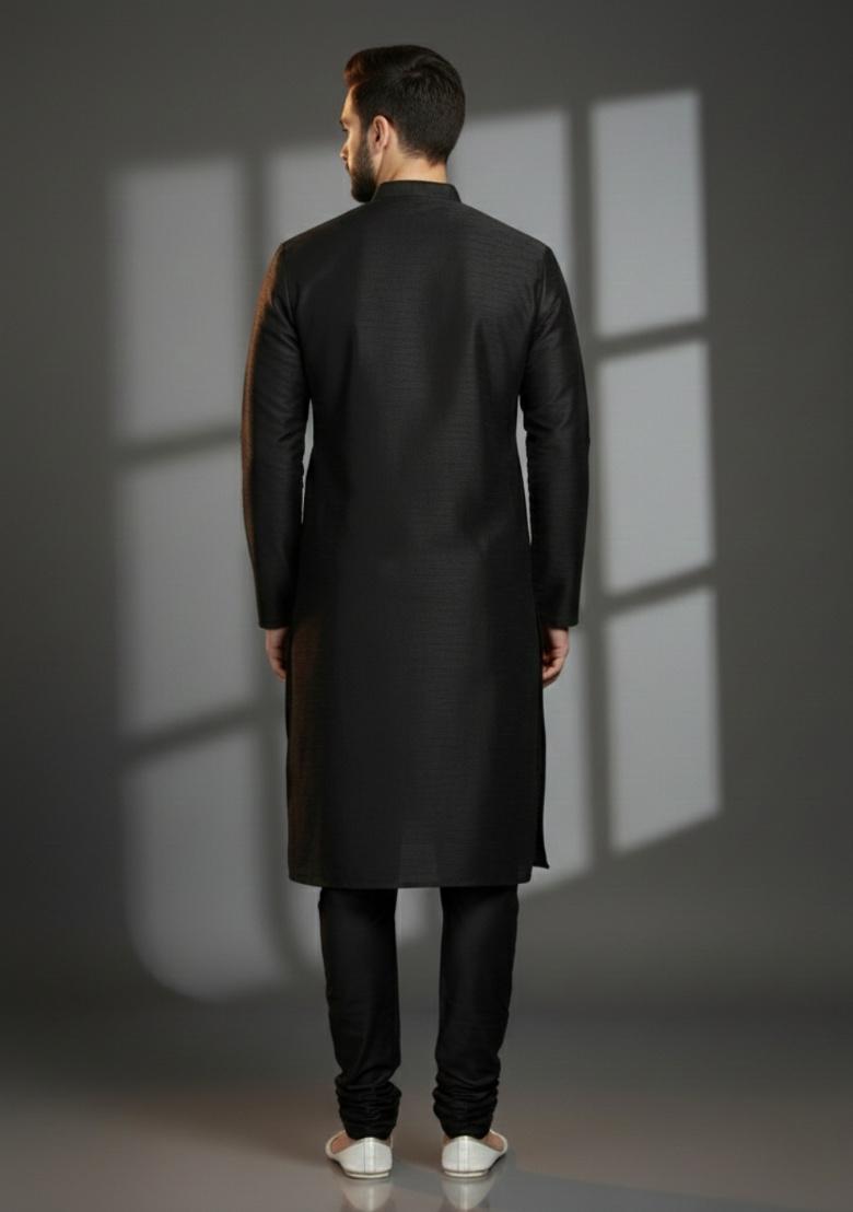 Black Embroidered Silk Kurta Set For Men - Indya