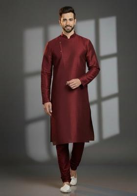 Maroon Embroidered Silk Kurta Set For Men