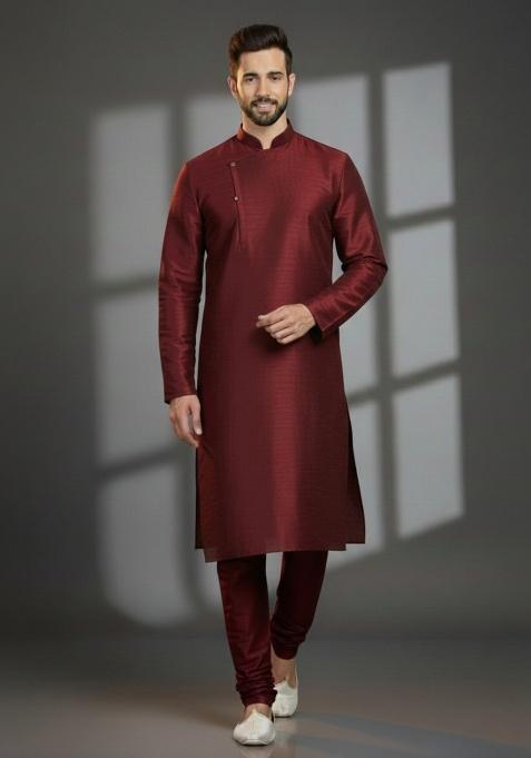 Maroon Embroidered Silk Kurta Set For Men