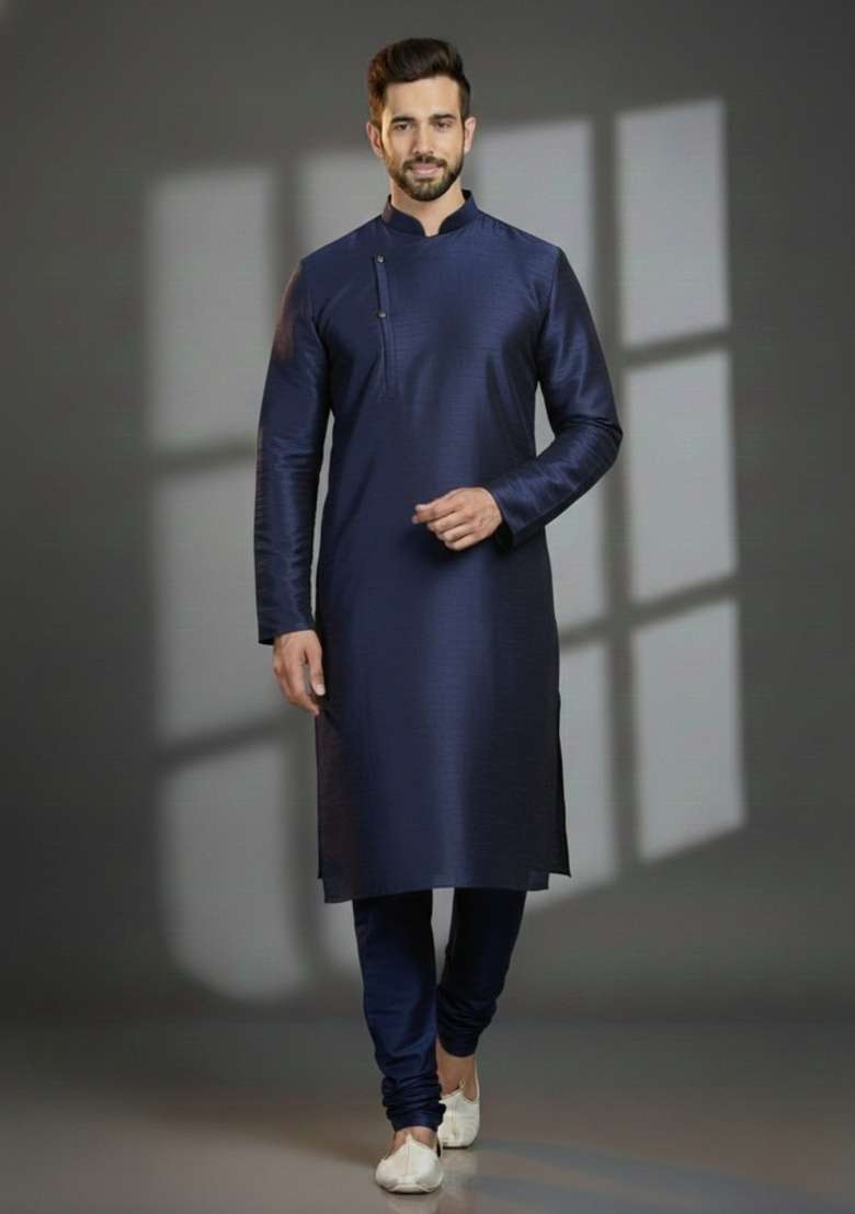 Navy Blue Embroidered Silk Blend Kurta Set For Men - Indya