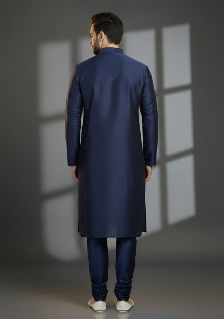 Navy Blue Embroidered Silk Kurta Set For Men - Indya