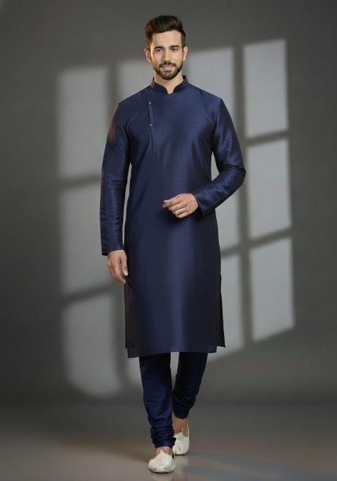 Navy Blue Embroidered Silk Kurta Set For Men