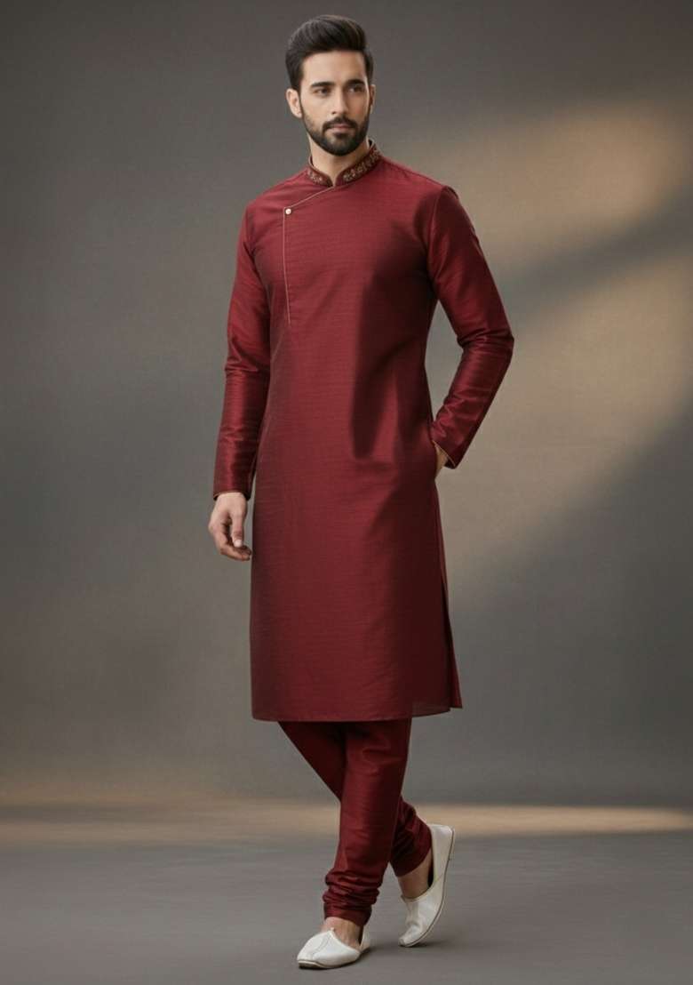 Maroon Embroidered Silk Blend Kurta Set For Men - Indya
