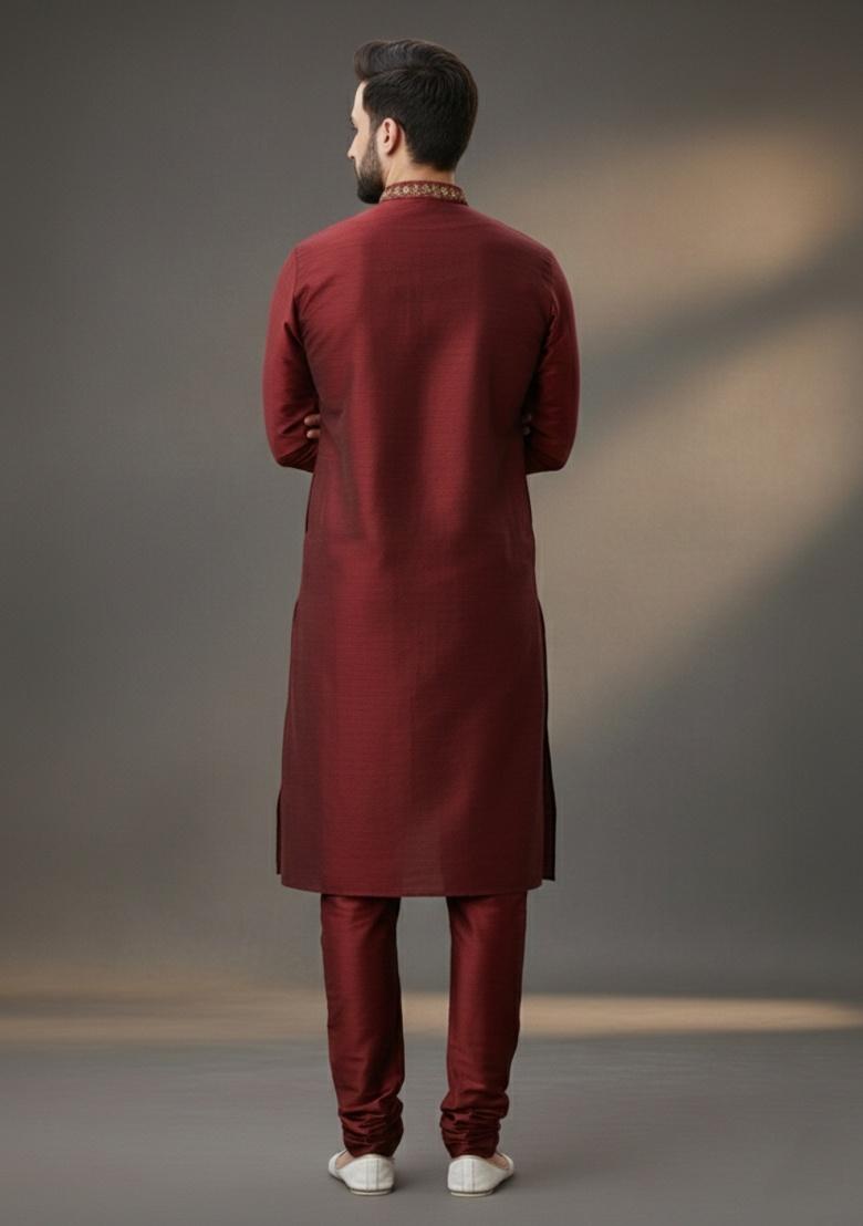 Maroon Embroidered Silk Kurta Set For Men - Indya
