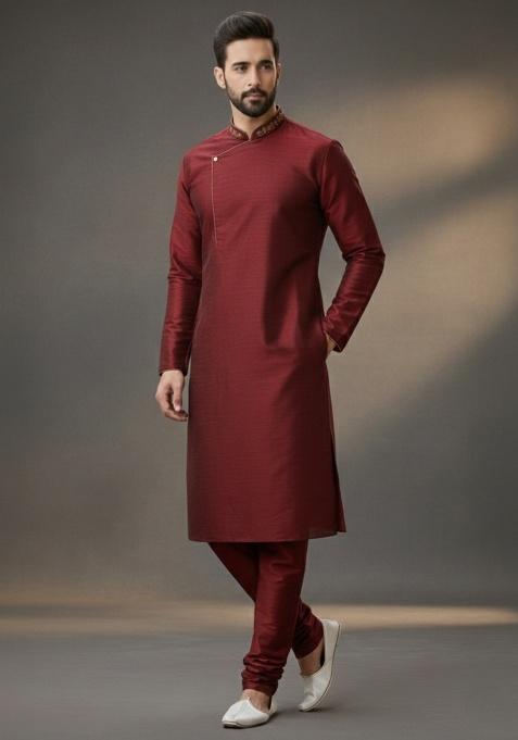 Maroon Embroidered Silk Kurta Set For Men