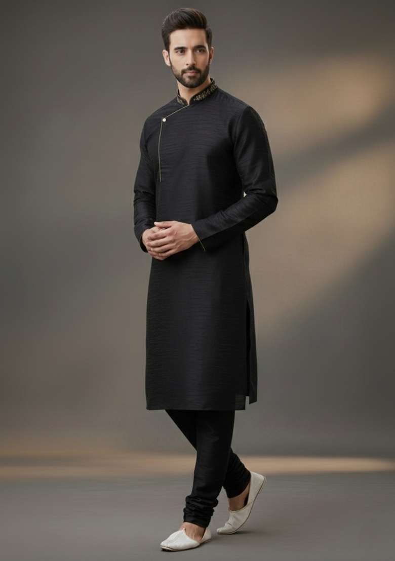 Black Embroidered Silk Blend Kurta Set For Men - Indya