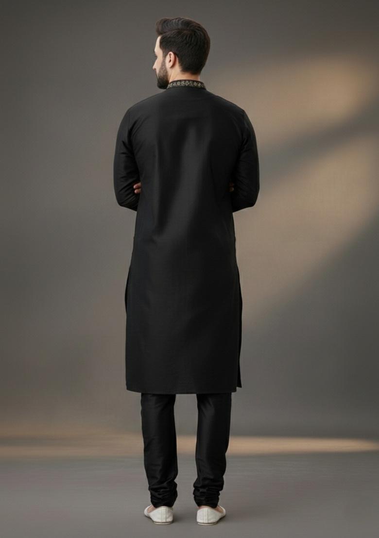 Black Embroidered Silk Kurta Set For Men - Indya