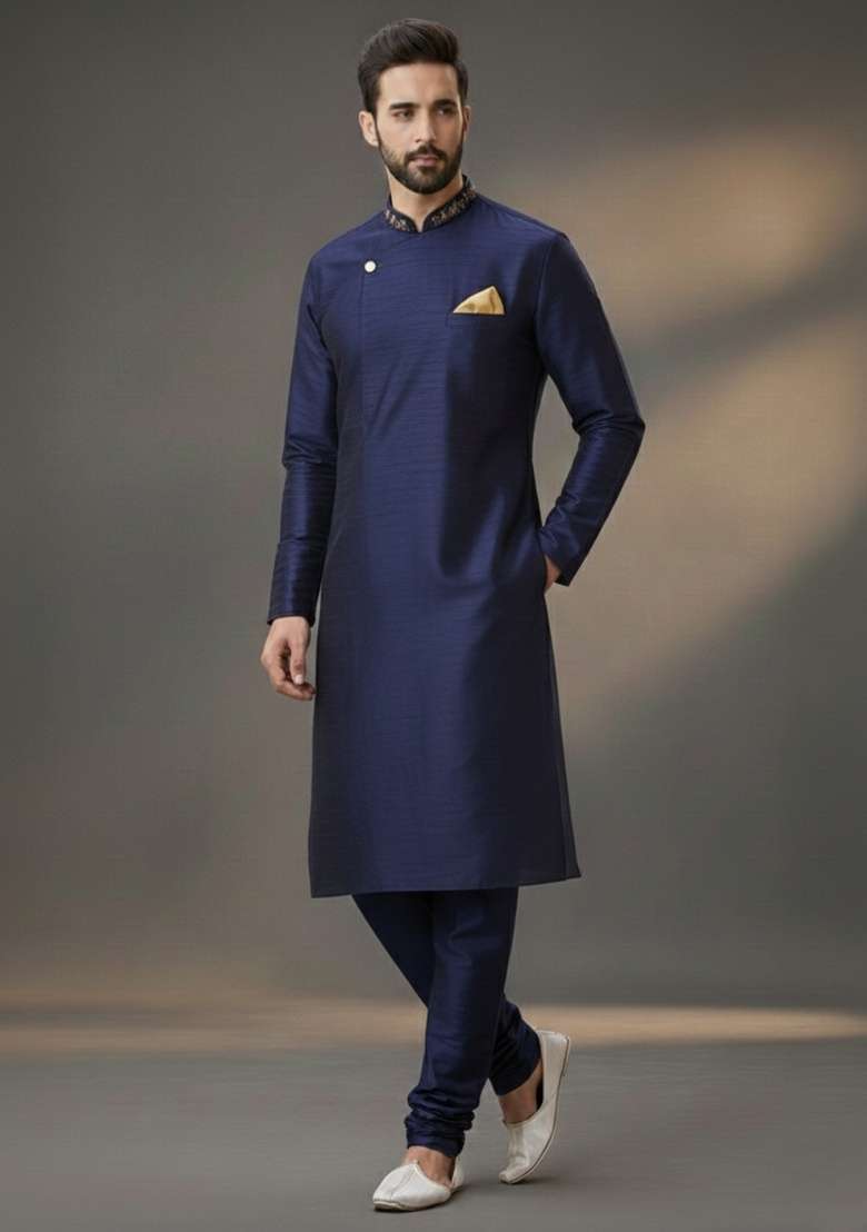 Navy Blue Embroidered Silk Blend Kurta Set For Men - Indya