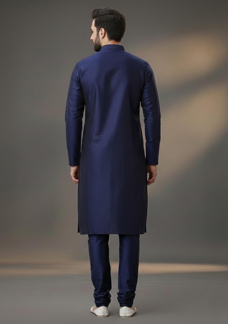 Navy Blue Embroidered Silk Kurta Set For Men - Indya