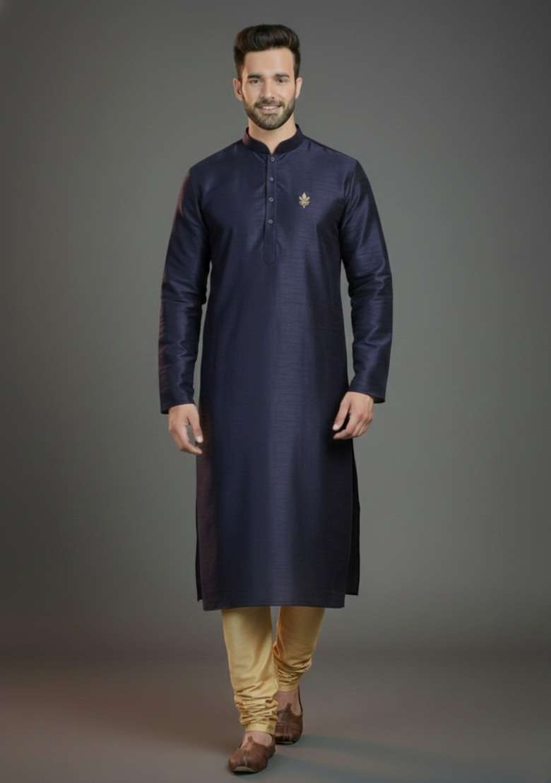 Navy Blue Embroidered Silk Blend Kurta Set For Men - Indya