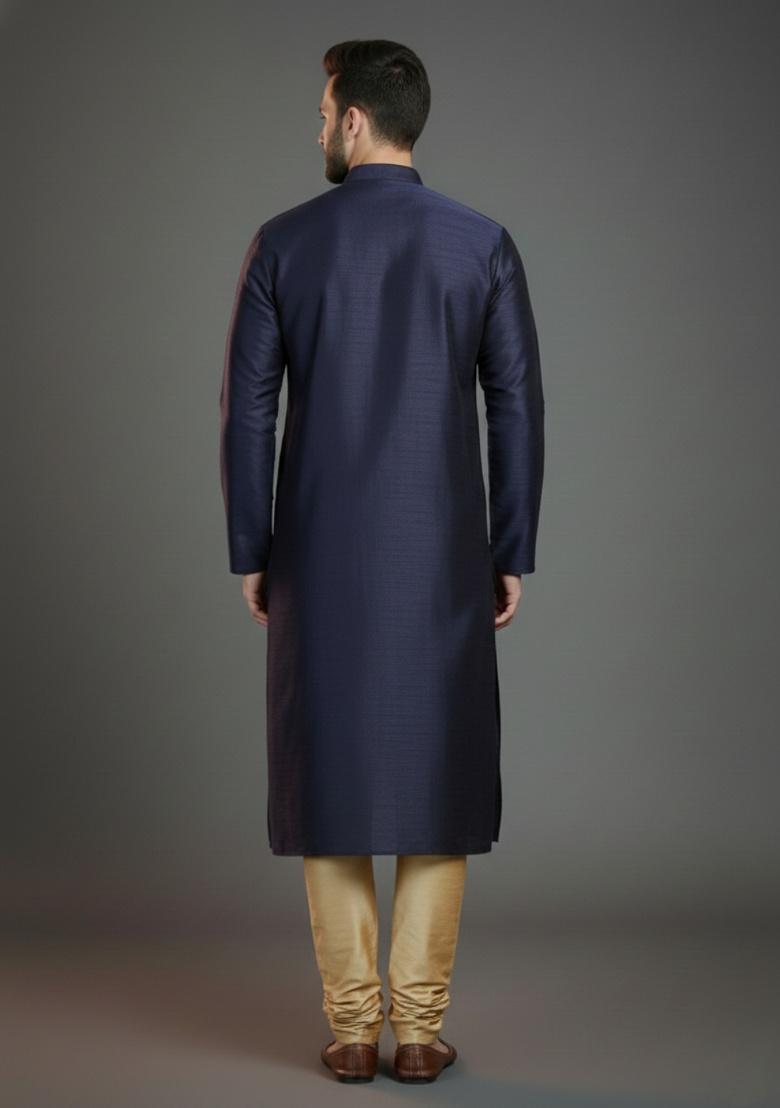 Navy Blue Embroidered Silk Kurta Set For Men - Indya