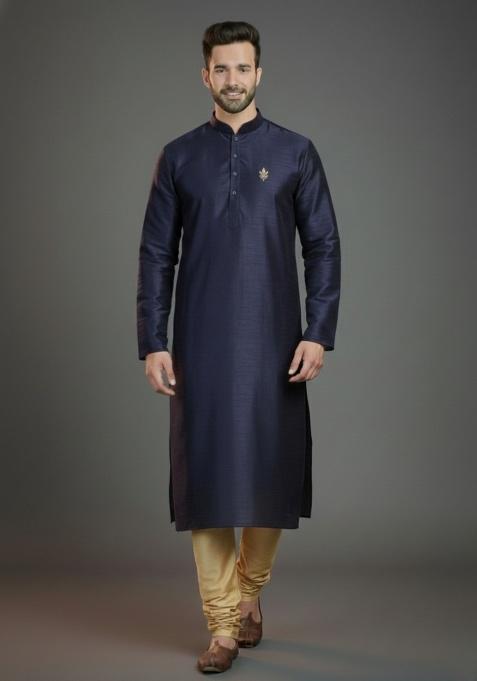 Navy Blue Embroidered Silk Kurta Set For Men