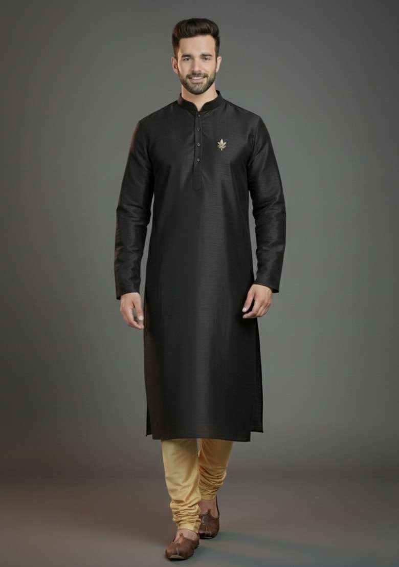 Black Embroidered Silk Blend Kurta Set For Men - Indya