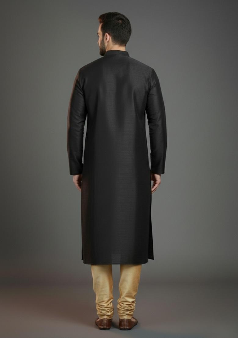 Black Embroidered Silk Kurta Set For Men - Indya