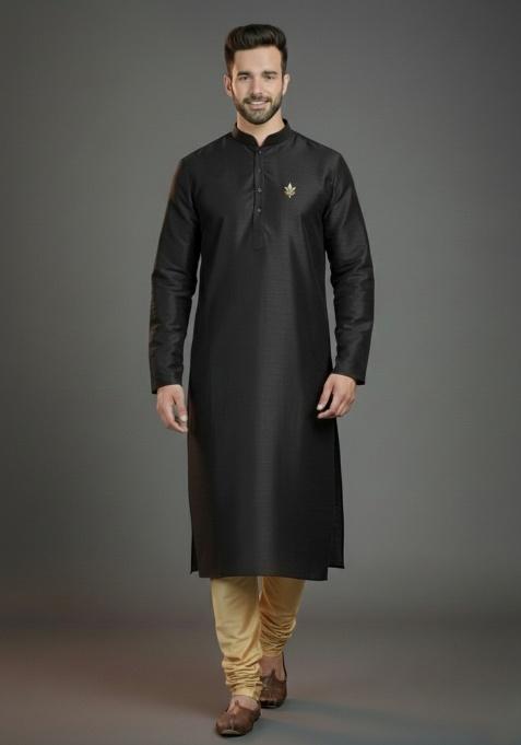 Black Embroidered Silk Kurta Set For Men