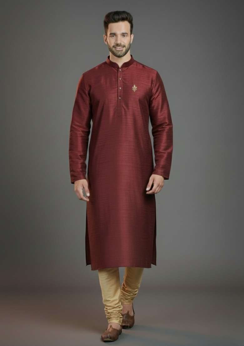 Maroon Embroidered Silk Blend Kurta Set For Men - Indya