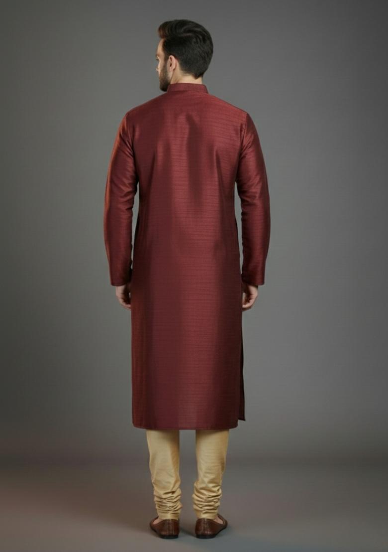 Maroon Embroidered Silk Kurta Set For Men - Indya