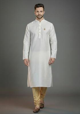 White Embroidered Silk Kurta Set For Men