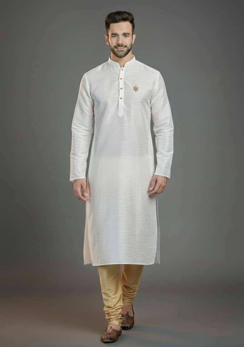 White Embroidered Silk Blend Kurta Set For Men - Indya
