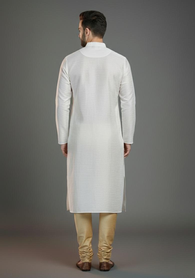 White Embroidered Silk Kurta Set For Men - Indya