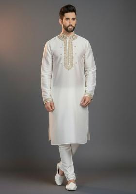 White Embroidered Silk Kurta Set For Men