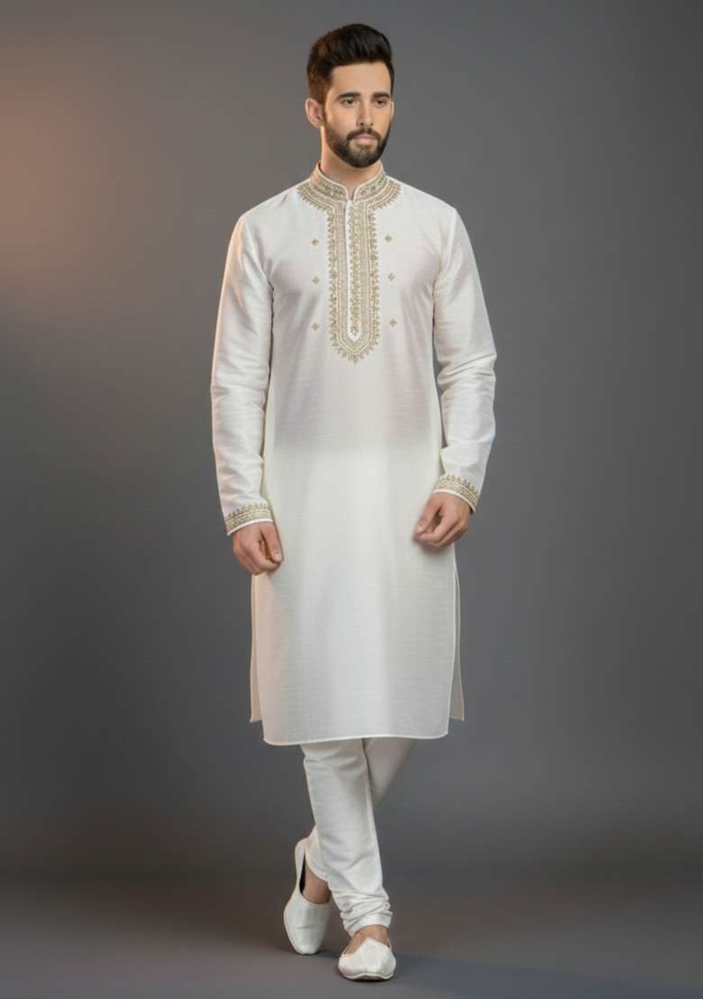 White Embroidered Silk Blend Kurta Set For Men - Indya