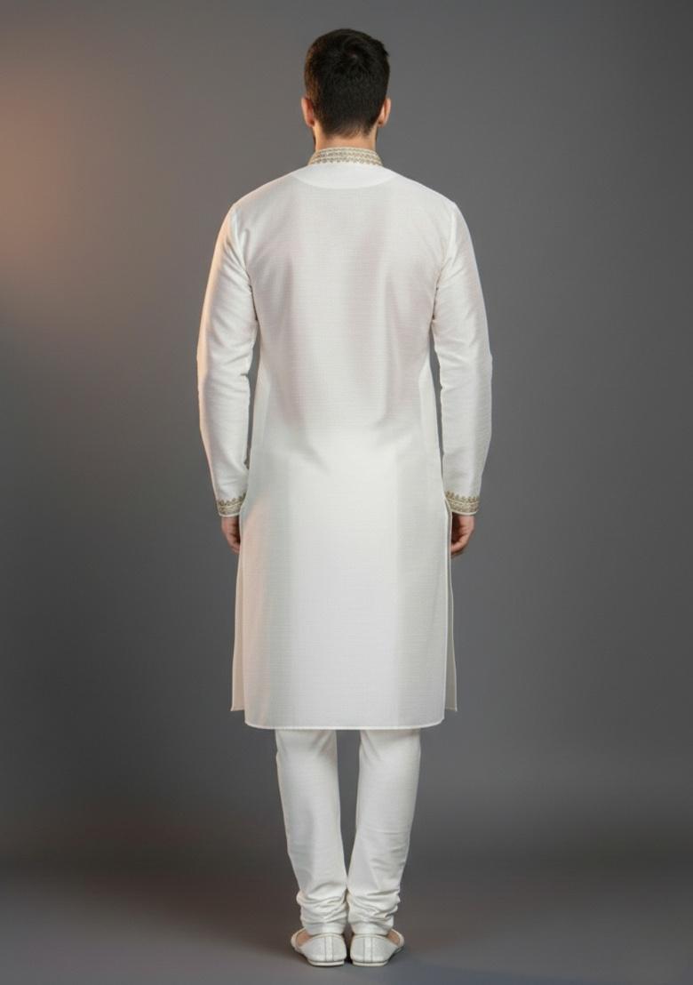 White Embroidered Silk Kurta Set For Men - Indya