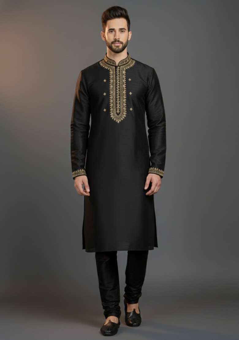 Black Embroidered Silk Blend Kurta Set For Men - Indya