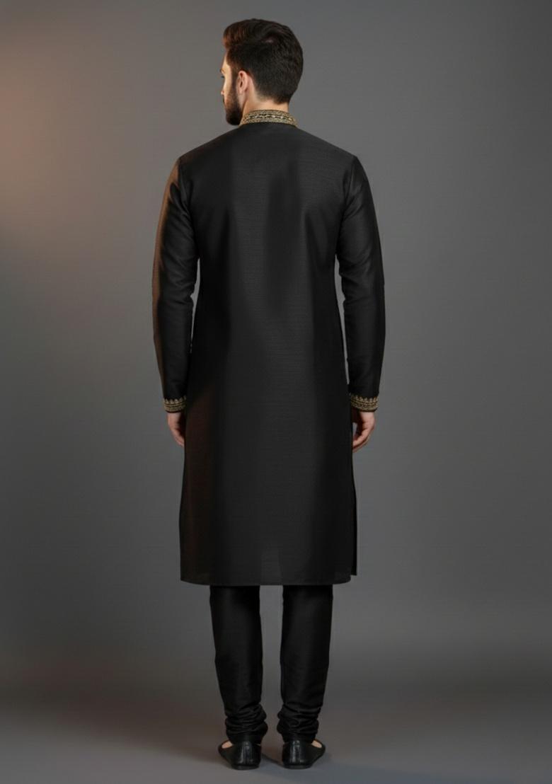 Black Embroidered Silk Kurta Set For Men - Indya