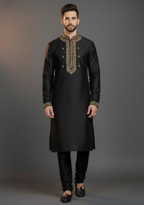 Black Embroidered Silk Kurta Set For Men