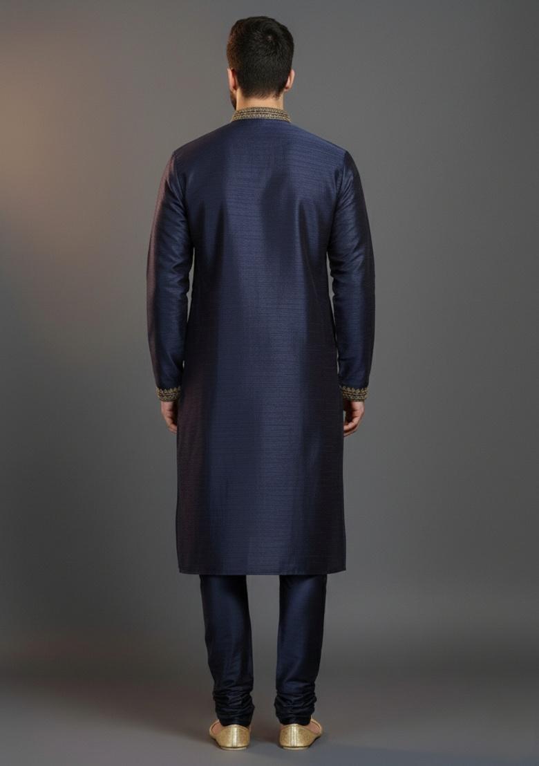 Navy Blue Embroidered Silk Kurta Set For Men - Indya