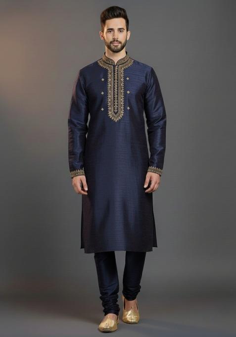Navy Blue Embroidered Silk Kurta Set For Men