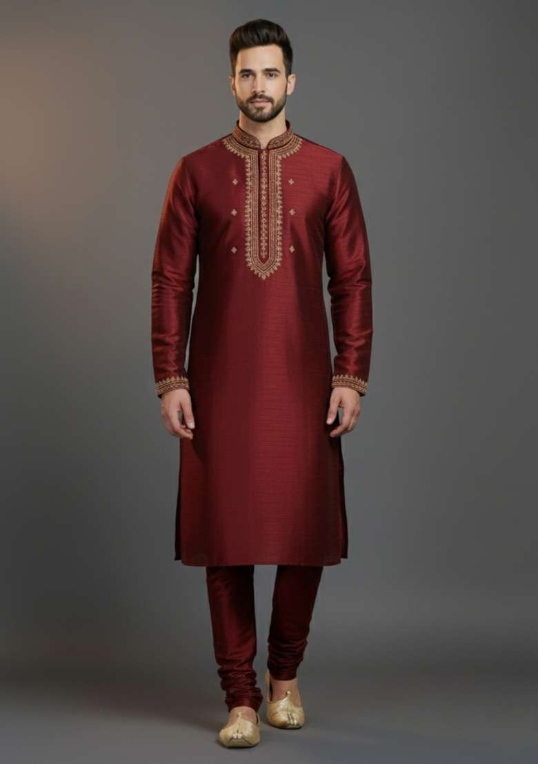 Maroon Embroidered Silk Blend Kurta Set For Men - Indya