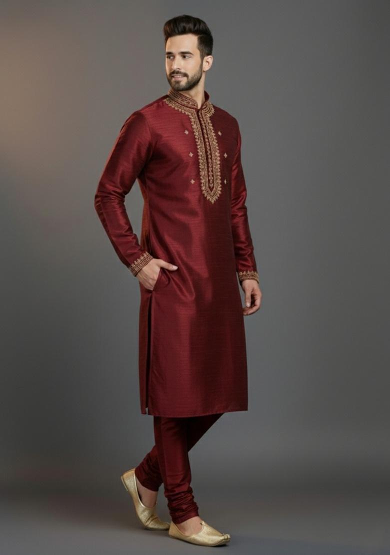 Maroon Embroidered Silk Kurta Set For Men - Indya