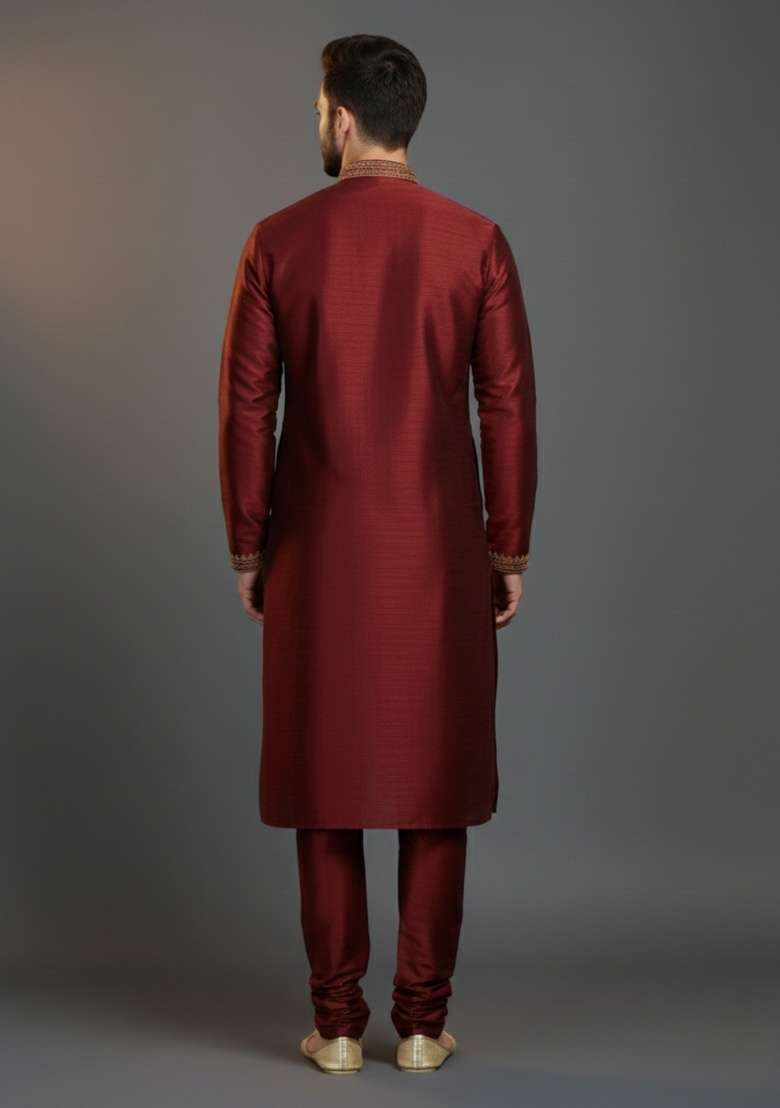 Maroon Embroidered Silk Blend Kurta Set For Men - Indya